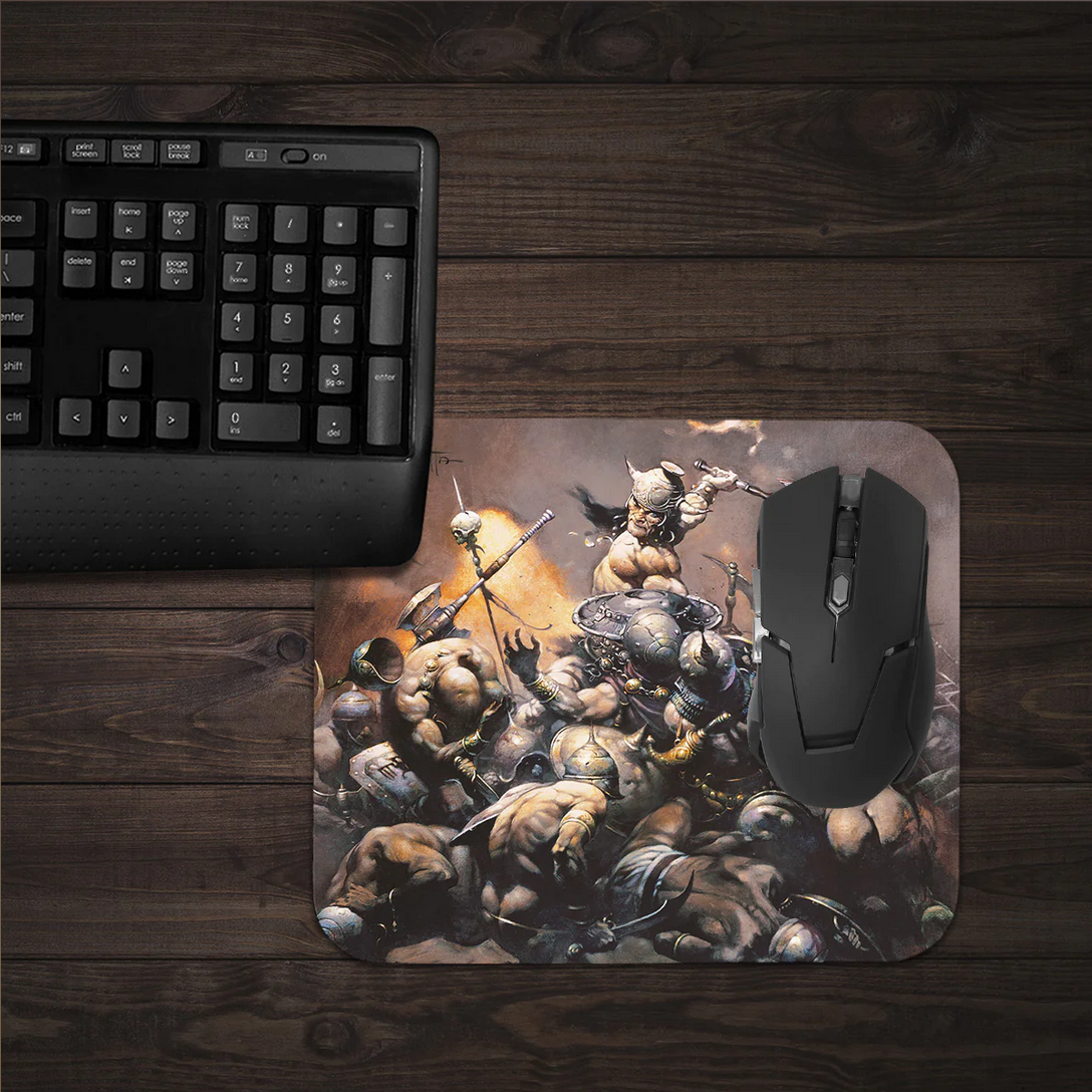 The Destroyer mousepad in a gaming setup, featuring an epic battle scene by Frazetta