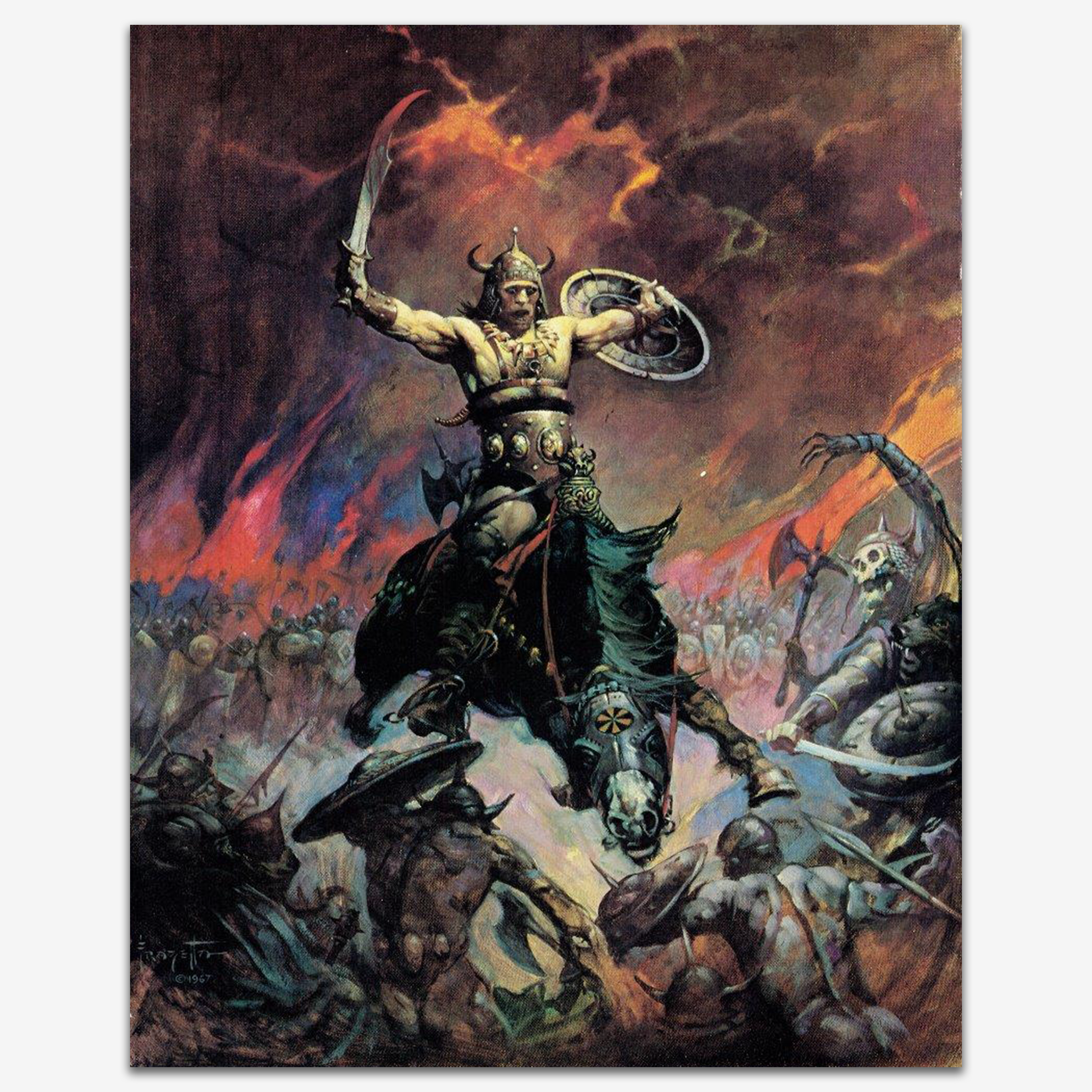 A vintage print of Berserker by Frank Frazetta, depicting a fierce warrior standing atop a mound of defeated foes, engulfed in flames and destruction.