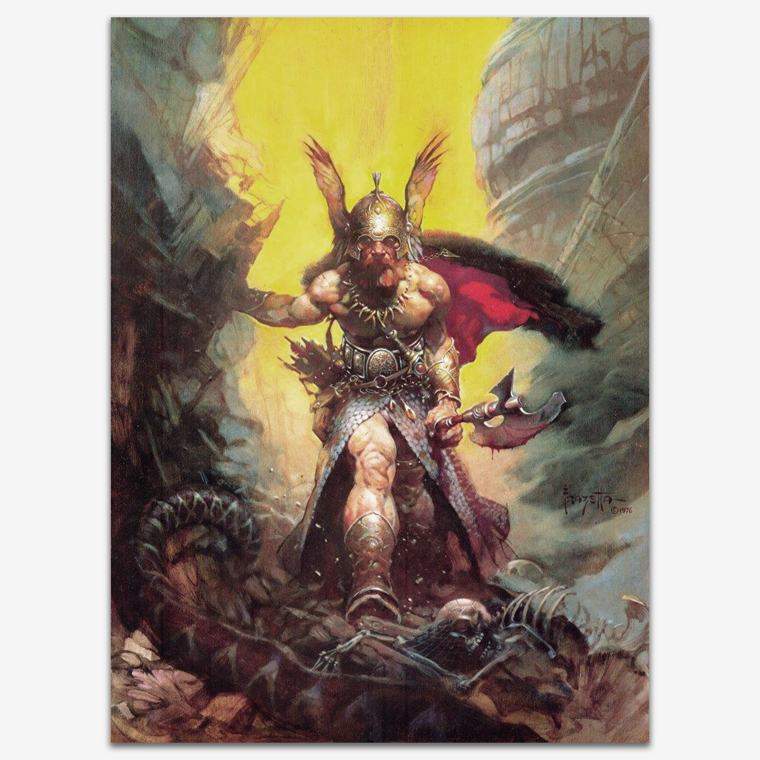 Vintage print of Dark Kingdom by Frank Frazetta, depicting a powerful warrior clad in armor, standing triumphantly atop his fallen enemies, illuminated by a dramatic, golden light.