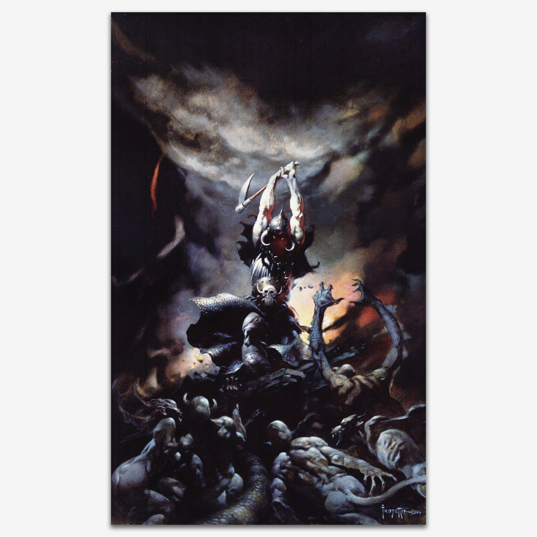 Vintage print of Death Dealer II by Frank Frazetta, depicting the iconic armored warrior standing atop a pile of fallen foes, shrouded in darkness and dramatic lighting