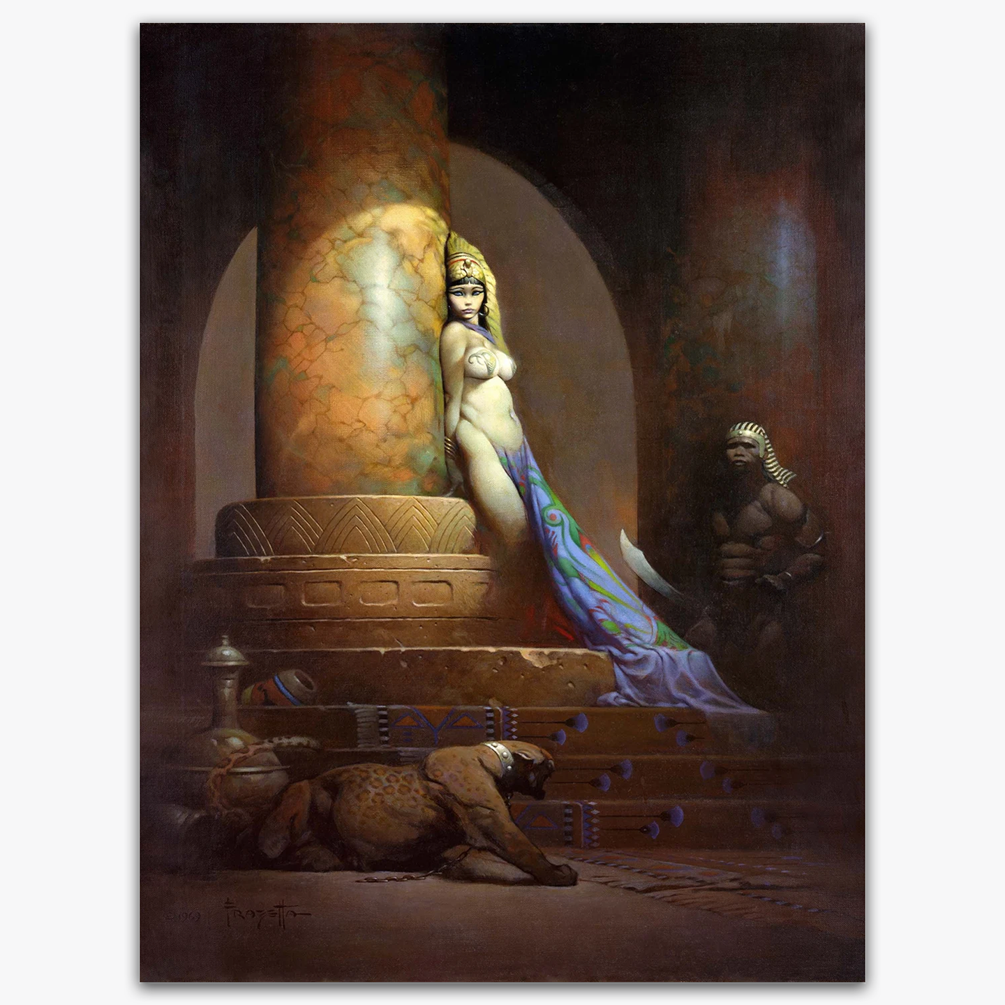 Vintage print of Egyptian Queen by Frank Frazetta, portraying a regal woman in flowing garments seated on a grand staircase, bathed in warm, golden light.