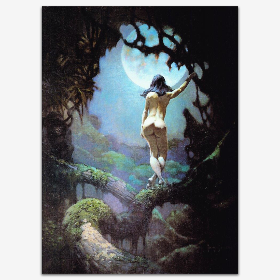 Vintage print of The Moon’s Rapture by Frank Frazetta, featuring a mystical figure reaching toward the sky, surrounded by a dreamlike forest landscape.