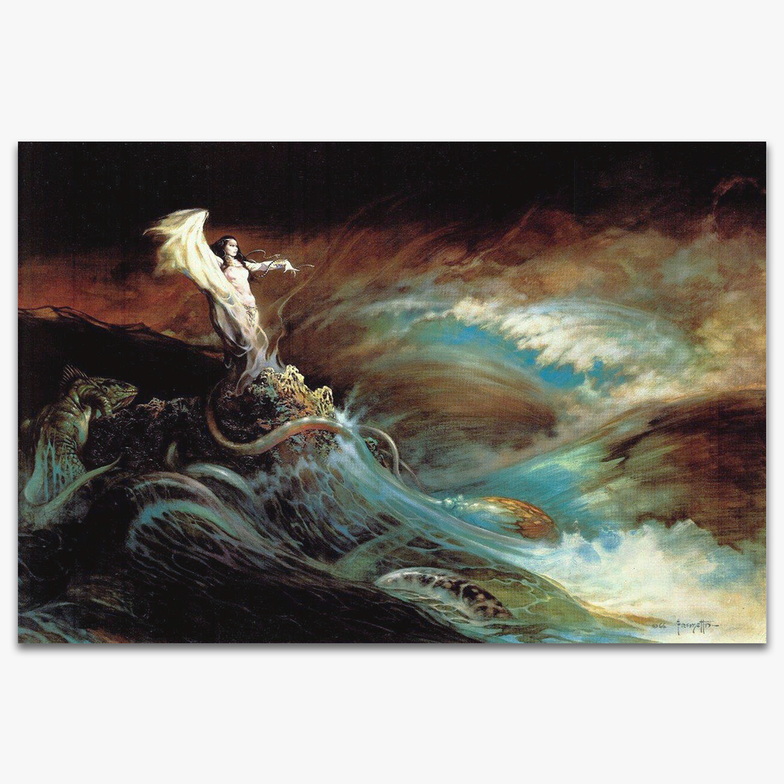 Vintage print of Sea Witch by Frank Frazetta, depicting a mystical sorceress rising from the ocean, surrounded by crashing waves and stormy energy