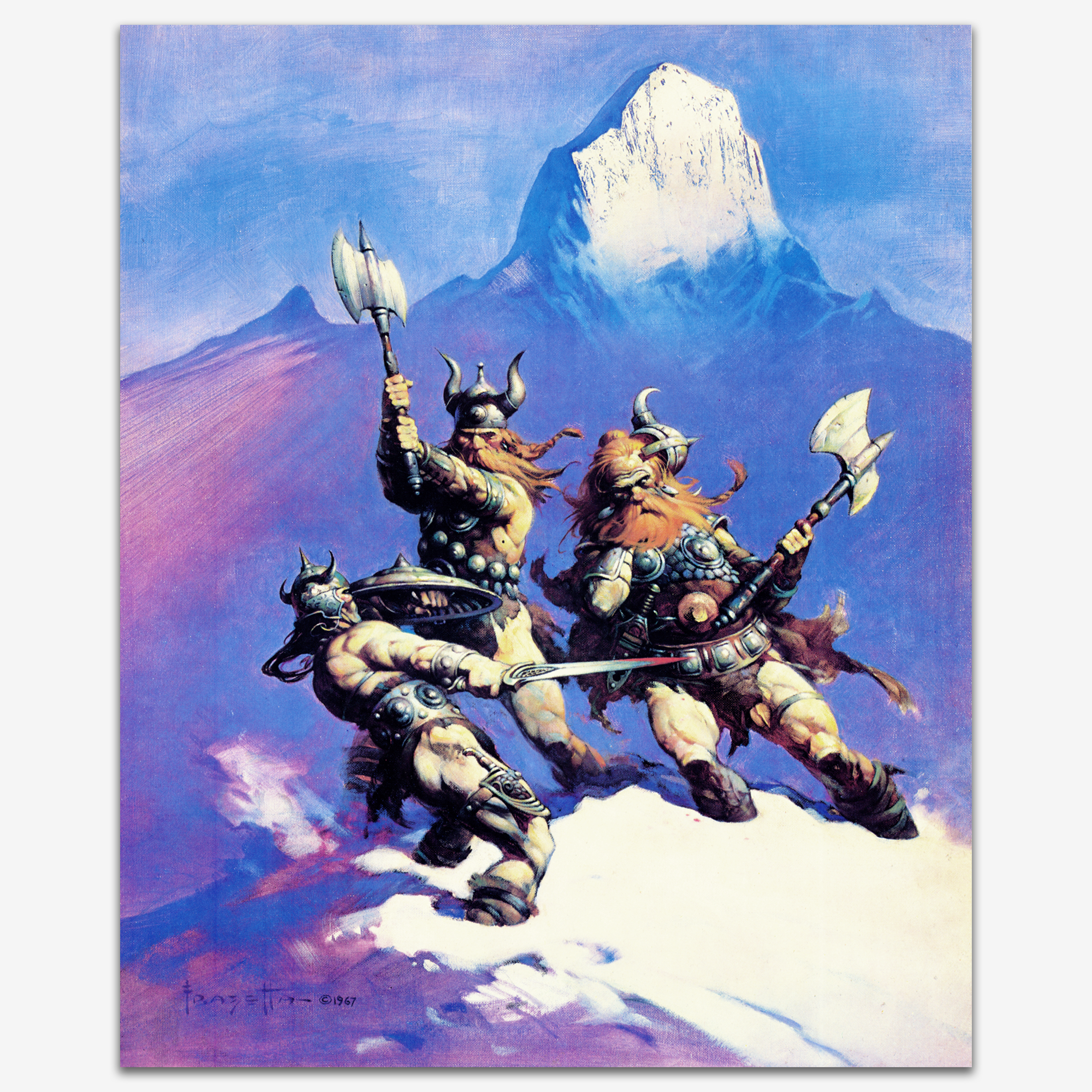 Vintage print of Snow Giants by Frank Frazetta, depicting a dramatic battle scene with powerful warriors against towering, mythical creatures in a snowy landscape