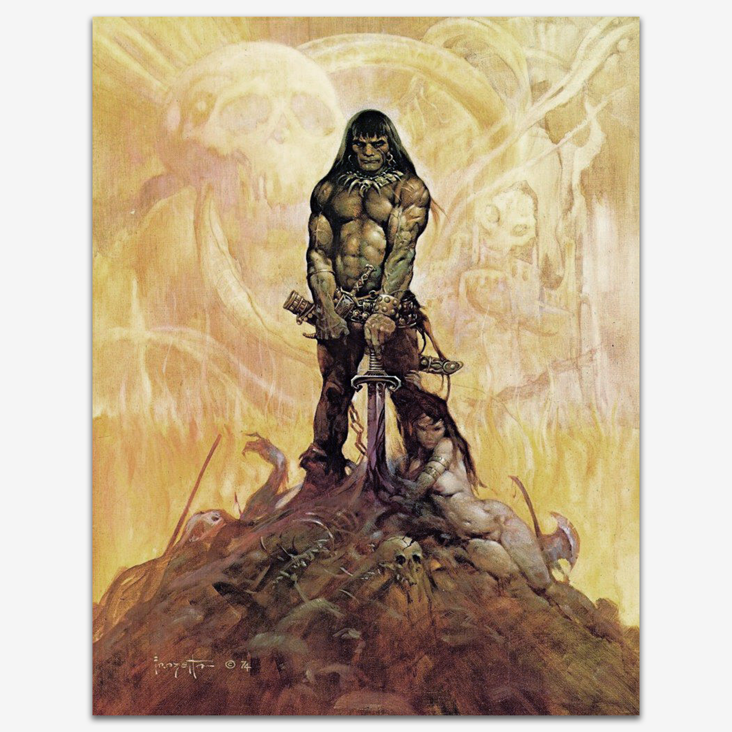 A vintage print of The Barbarian by Frank Frazetta, depicting a powerful warrior standing atop a pile of defeated enemies under a glowing full moon