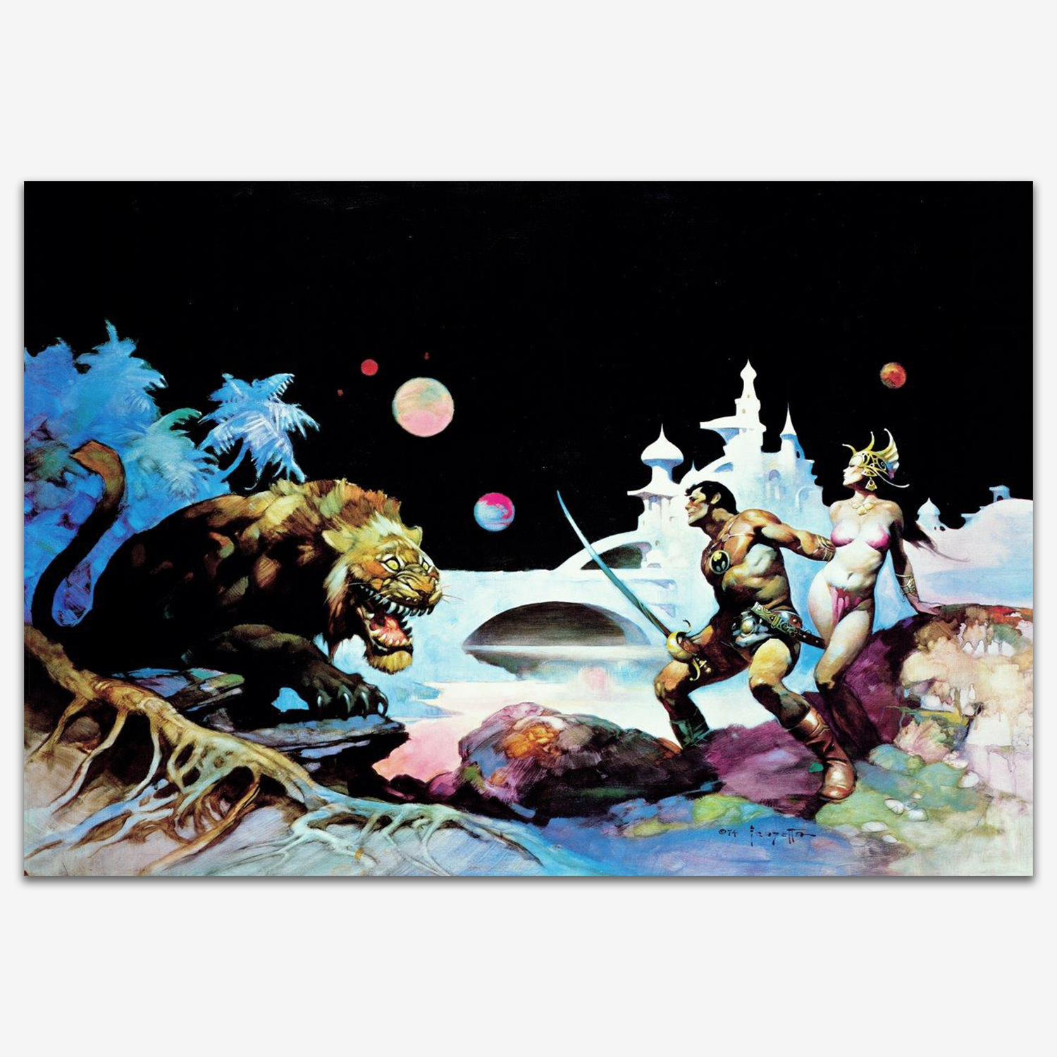 Vintage print of Thuvia, Maid of Mars by Frank Frazetta, depicting a fierce warrior woman standing beside a muscular hero, battling monstrous creatures against a Martian landscape