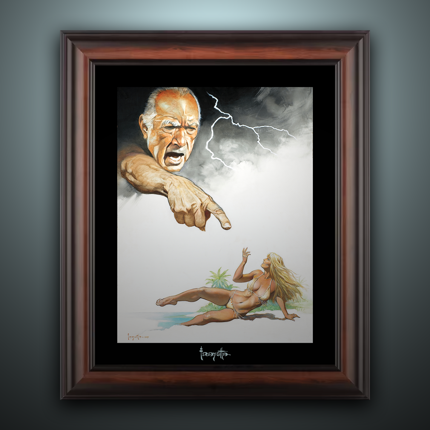 Framed Gallery Series print of &quot;Ghosts Can’t Do It&quot; by Frank Frazetta, emphasizing intricate details with black 1.5&quot; matting.