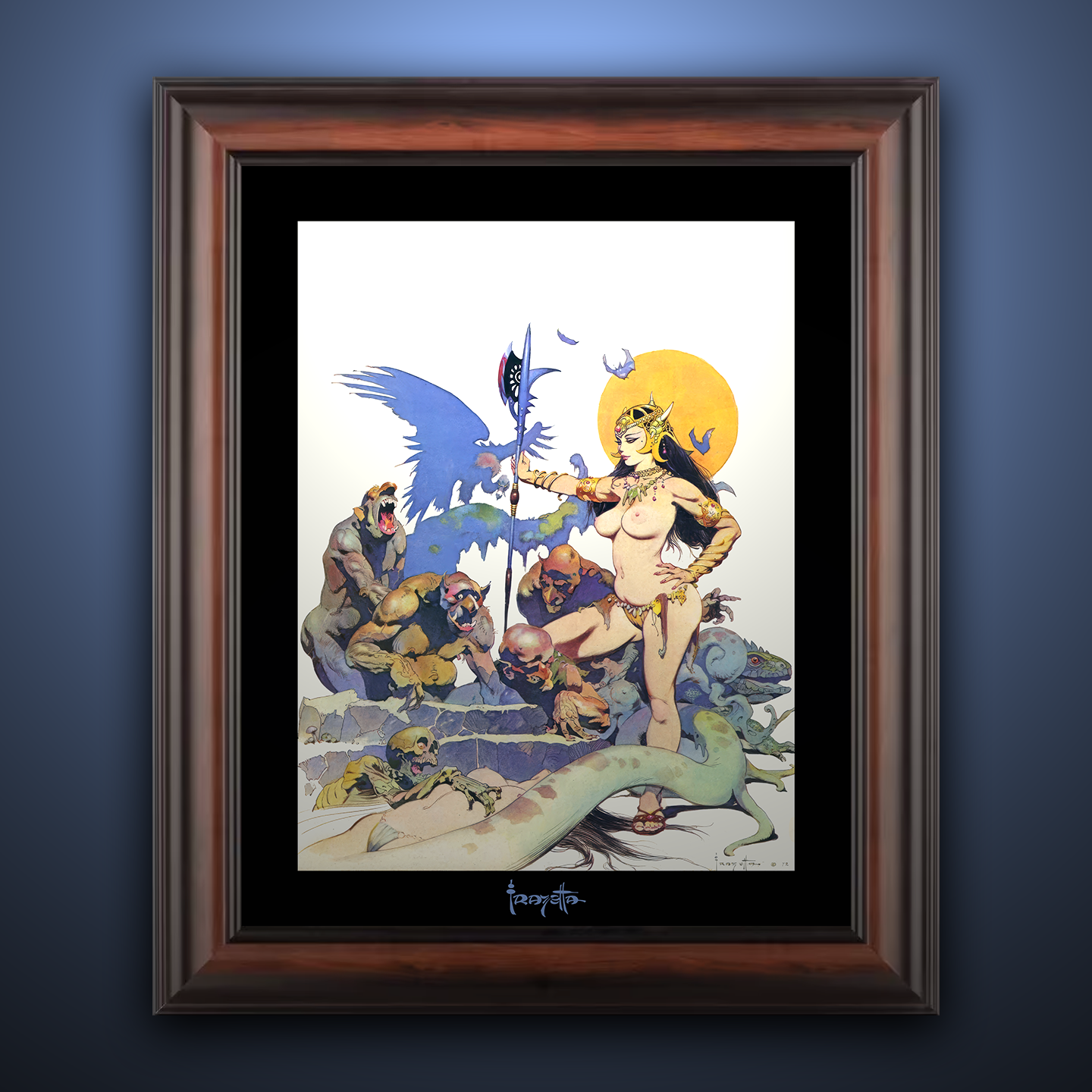 Framed Gallery Series print of &quot;Ghoul Queen&quot; by Frank Frazetta, highlighting dramatic depth with black 1.5&quot; matting.