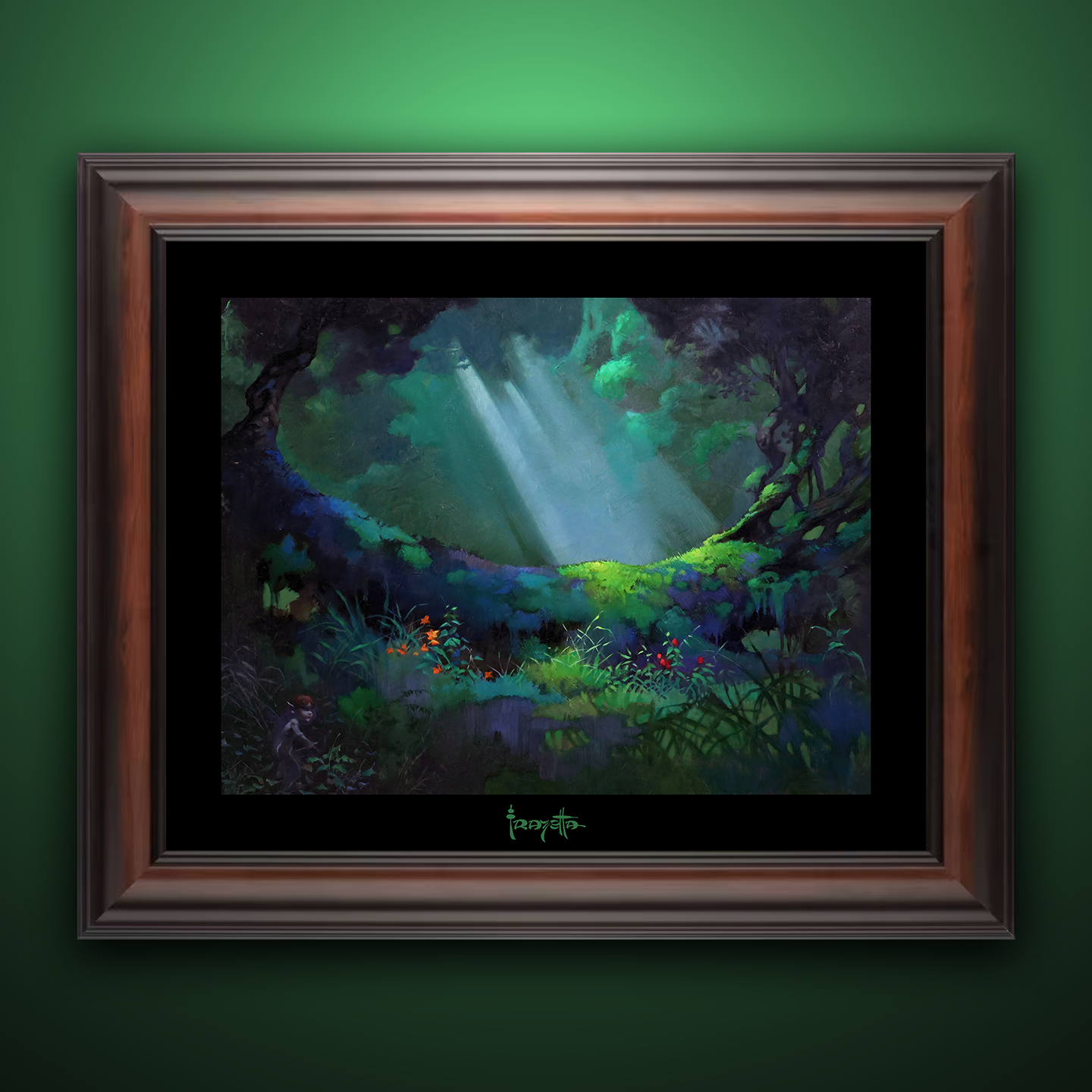 Framed Gallery Series print of &quot;Glade of the Pixies&quot; by Frank Frazetta, emphasizing delicate details with black 1.5&quot; matting.