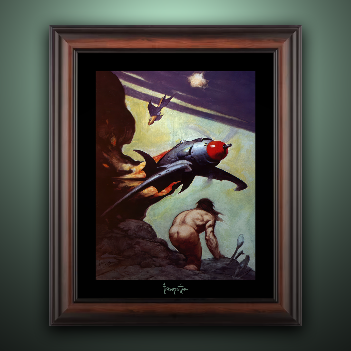 Framed Gallery Series print of &quot;God from the Sky&quot; by Frank Frazetta, emphasizing celestial imagery with black 1.5&quot; matting.