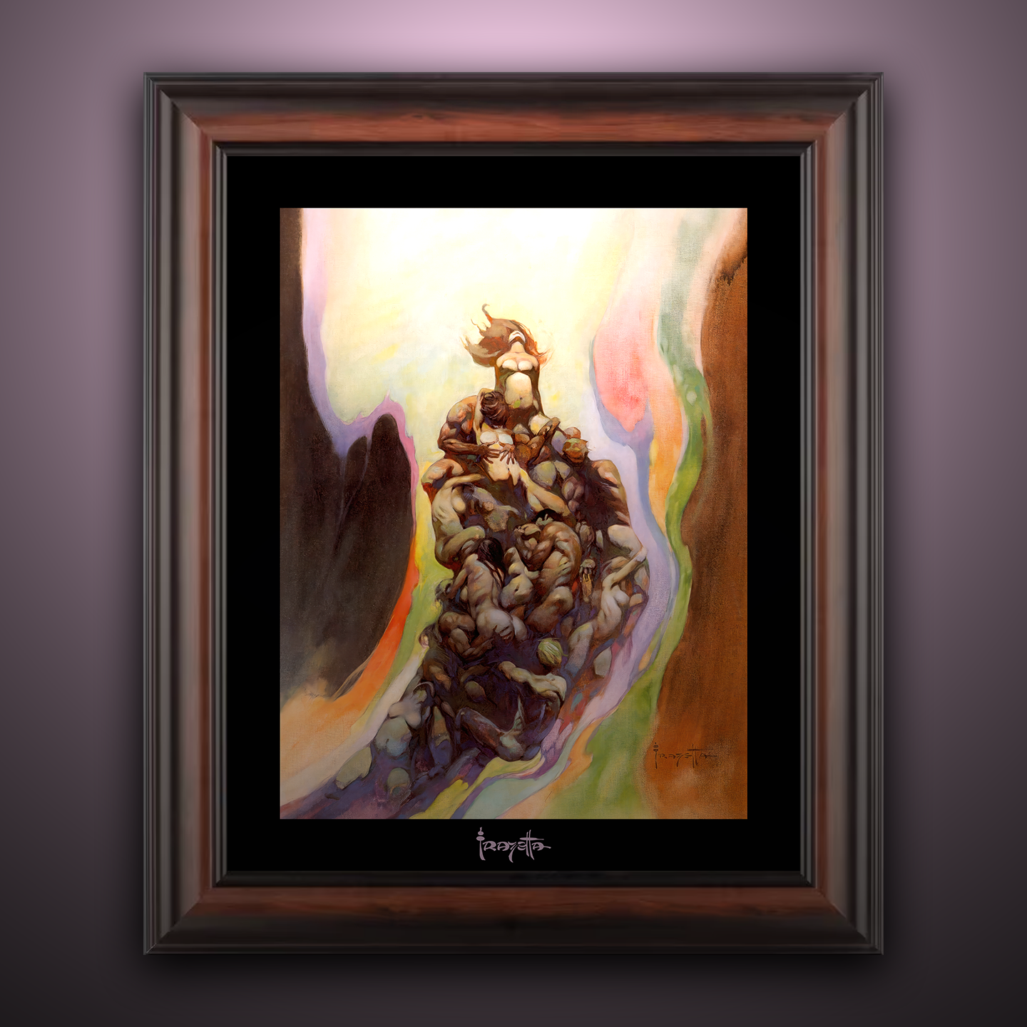 Framed Gallery Series print of &quot;Godmakers&quot; by Frank Frazetta, highlighting intense scenes with black 1.5&quot; matting.