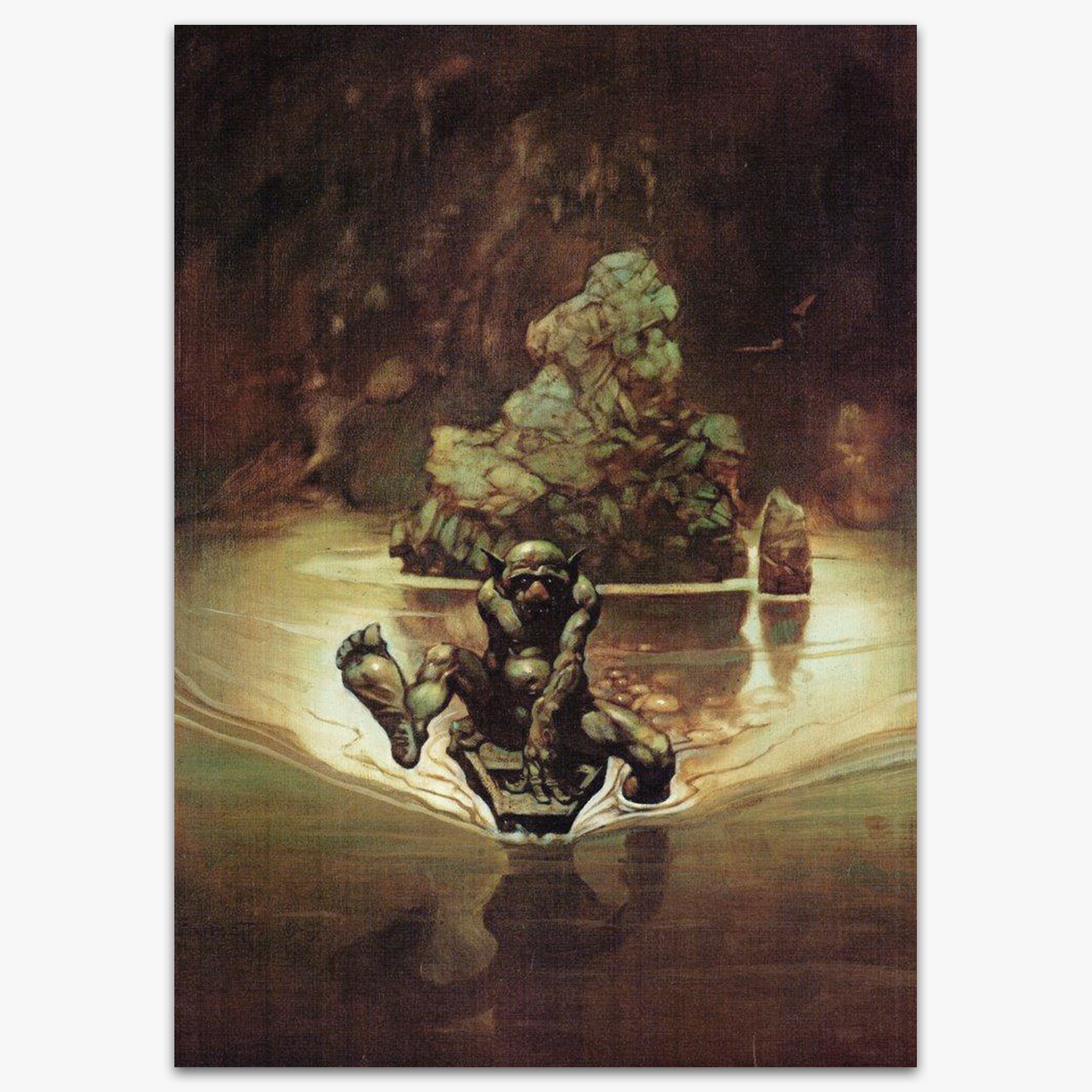 Vintage print of Gollum by Frank Frazetta, depicting the infamous character in a dark, enigmatic setting. 