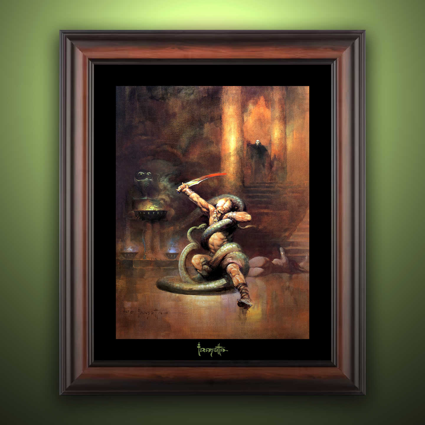 Framed Gallery Series print of &quot;Green Death&quot; by Frank Frazetta, highlighting dramatic details with black 1.5&quot; matting.