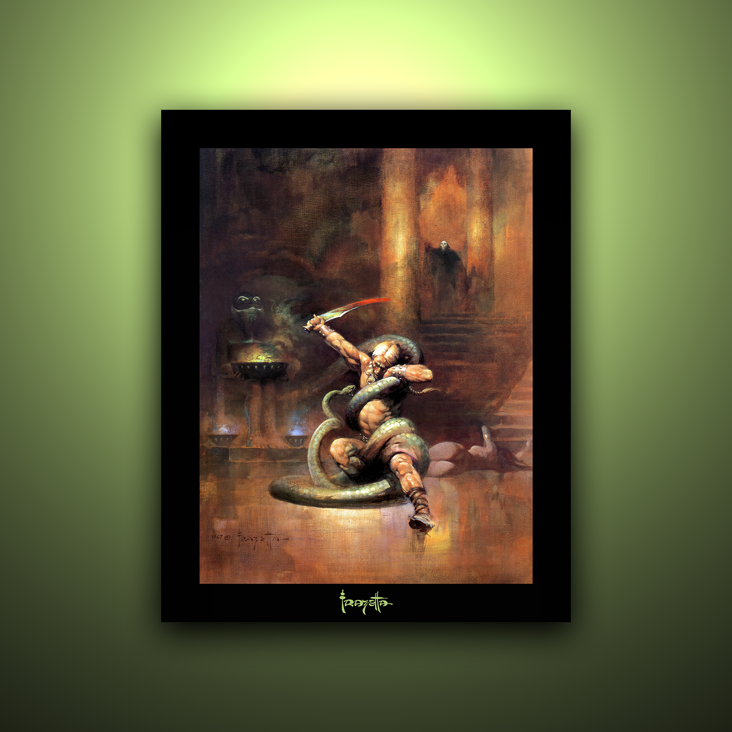 Gallery Series print of &quot;Green Death&quot; by Frank Frazetta, unframed, showcasing eerie lighting and dynamic action.