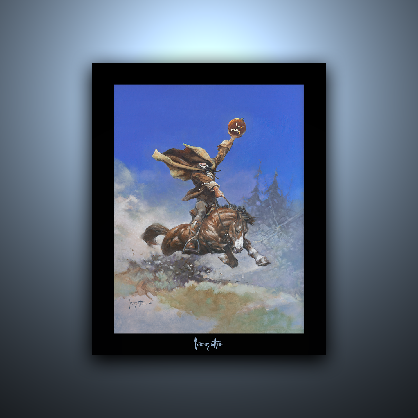 Framed Gallery Series print of &quot;Headless Horseman I&quot; by Frank Frazetta, highlighting dynamic action with black 1.5&quot; matting.