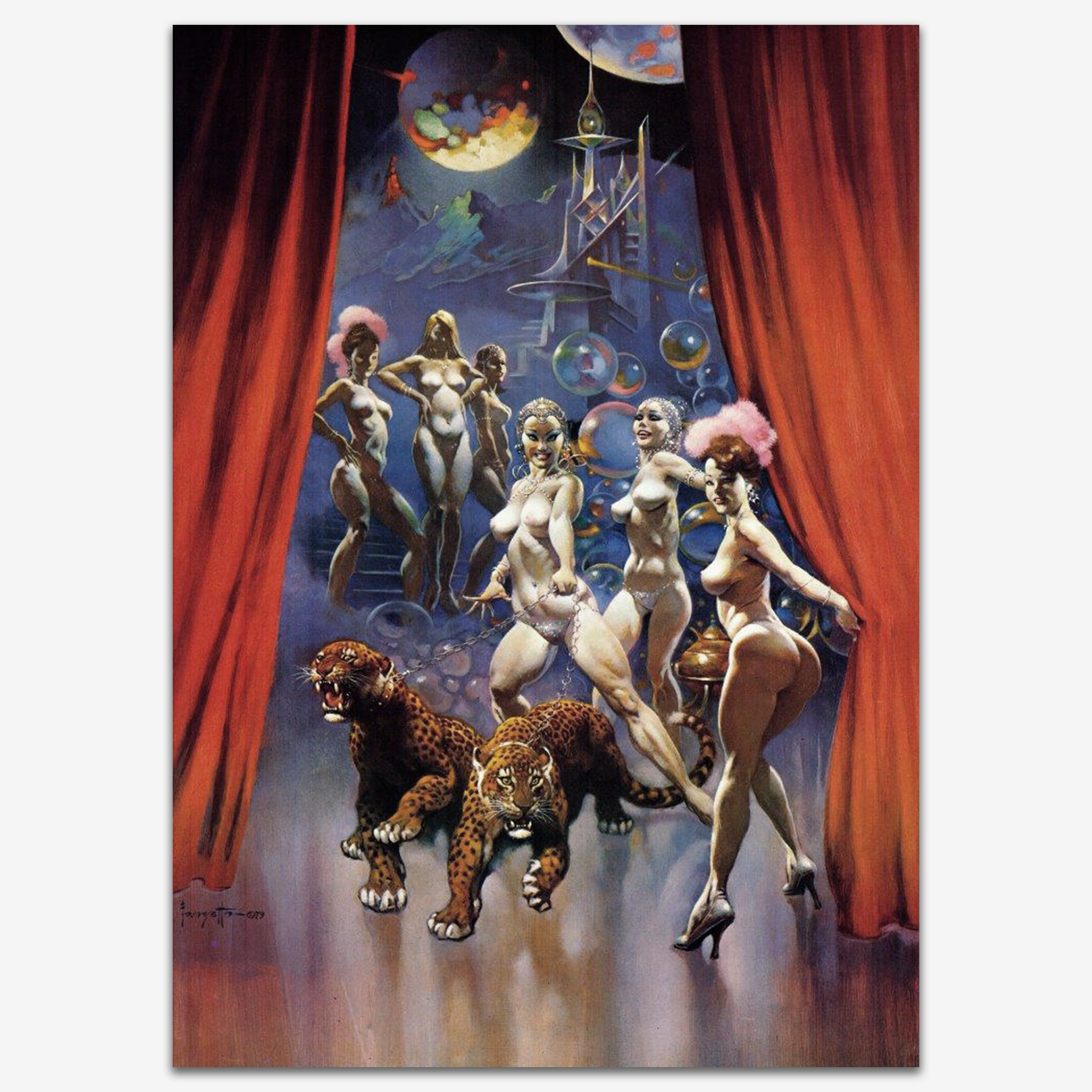 Vintage print of &quot;Las Vegas&quot; by Frank Frazetta, featuring a theatrical scene with elegantly dressed figures, showgirls, and a dramatic stage setting, evoking the glamour and mystique of classic Vegas entertainment.