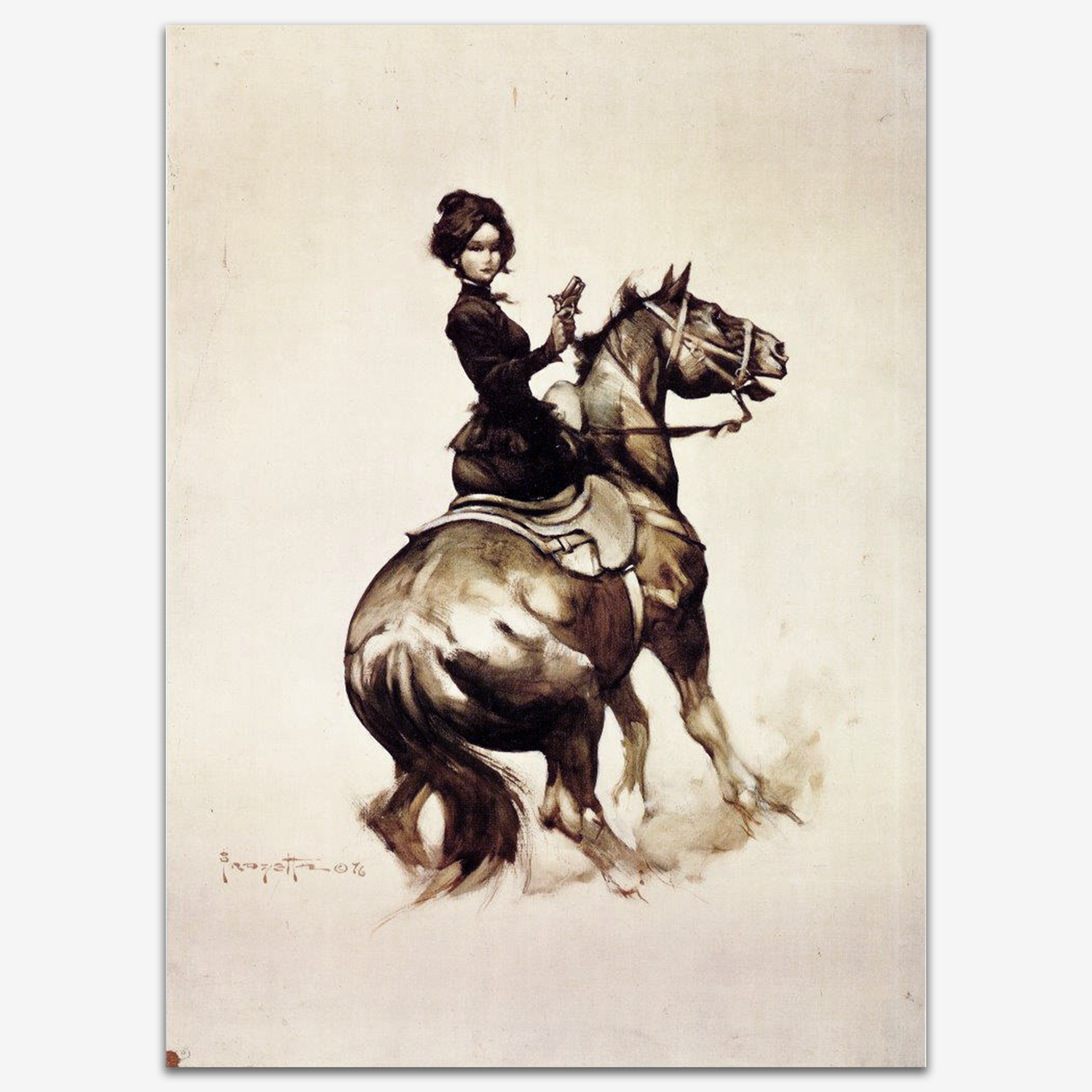 Vintage print of Madame Derringer by Frank Frazetta, featuring a striking woman in period attire confidently riding a rearing horse, embodying grace and power.