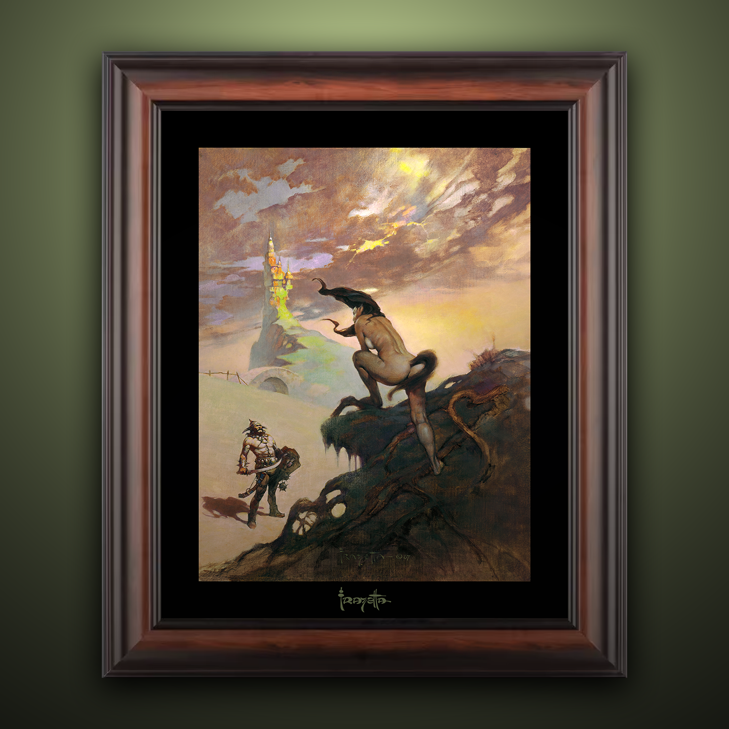 Framed Gallery Series print of &quot;Pony Tail&quot; by Frank Frazetta, emphasizing movement and dramatic composition with black 1.5&quot; matting.