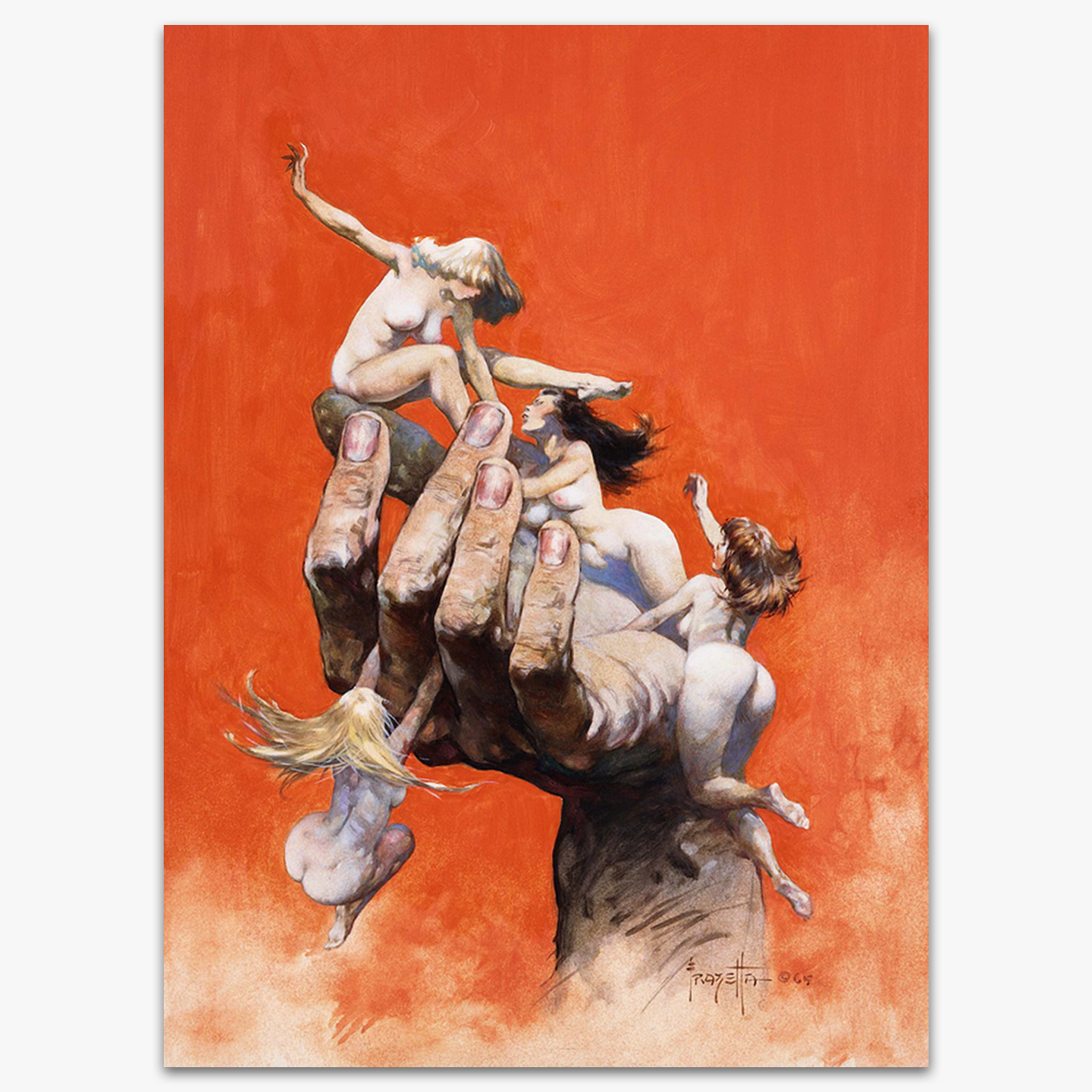 Vintage print of &quot;Reassembled Man&quot; by Frank Frazetta, featuring a warrior emerging from a massive, monstrous hand, printed on high-quality linen paper.