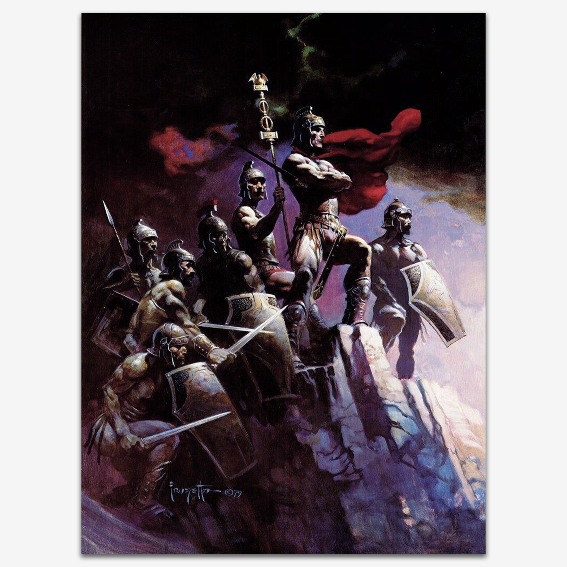 Vintage print of &quot;Seven Romans&quot; by Frank Frazetta, depicting a group of armored warriors standing triumphantly on a battlefield, wielding weapons and shields, printed on high-quality linen paper