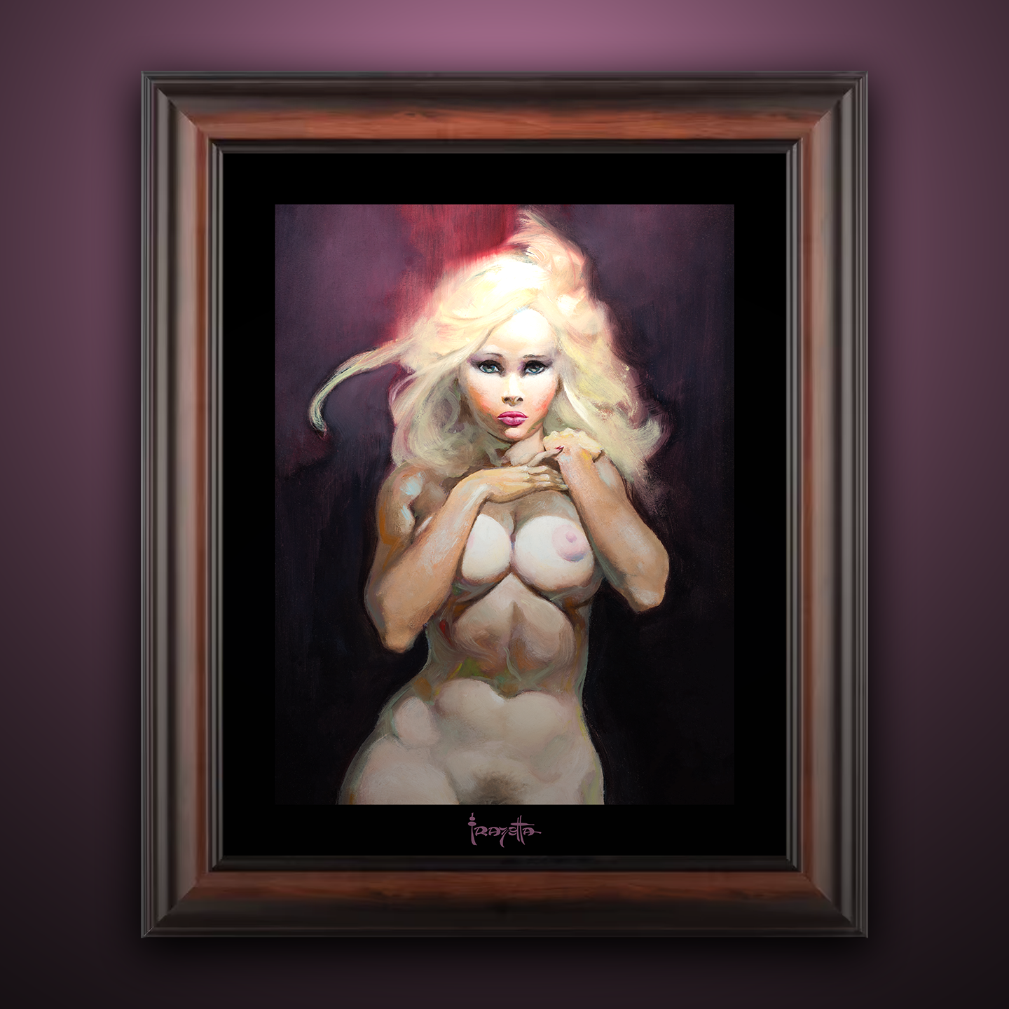 Framed Gallery Series print of &quot;Temptation&quot; by Frank Frazetta, emphasizing bold imagery with black 1.5&quot; matting.