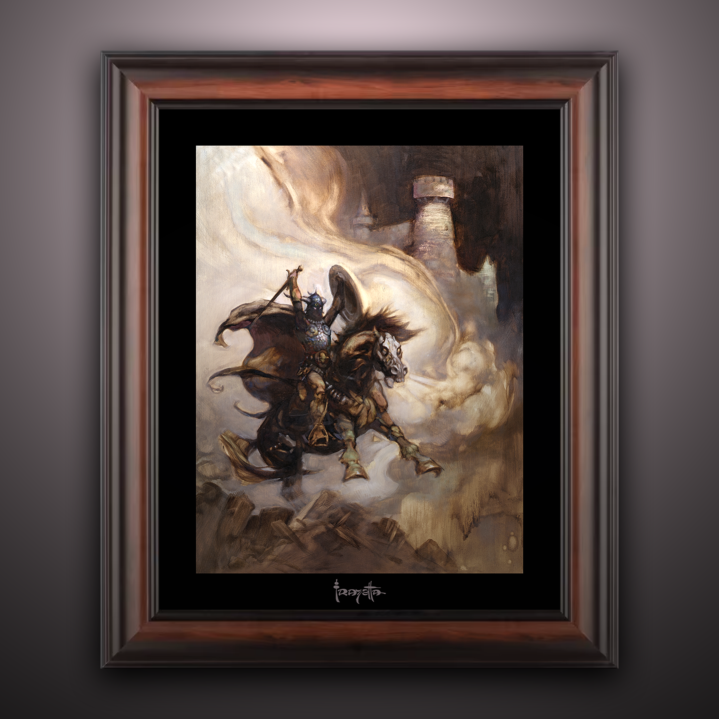 Framed Gallery Series print of &quot;The Defender&quot; by Frank Frazetta, emphasizing heroic imagery with black 1.5&quot; matting.