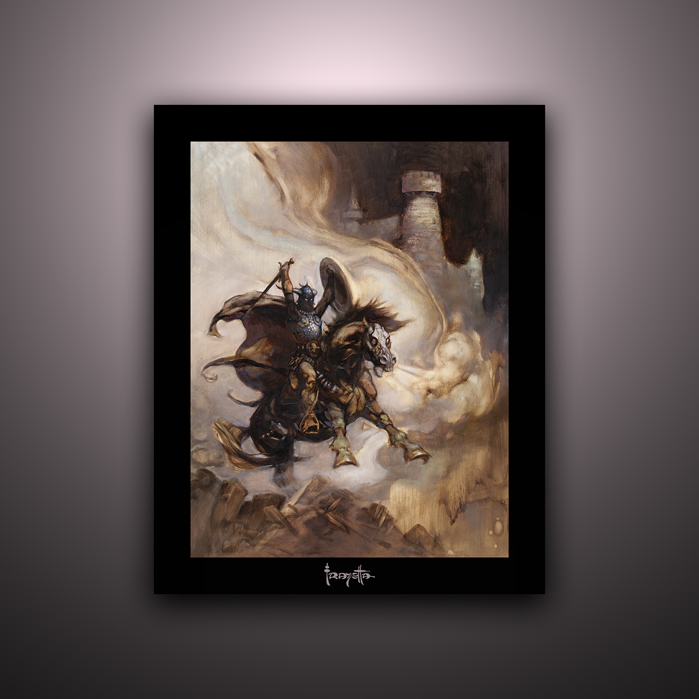 Gallery Series print of &quot;The Defender&quot; by Frank Frazetta, unframed, highlighting a heroic stance and fantasy themes.