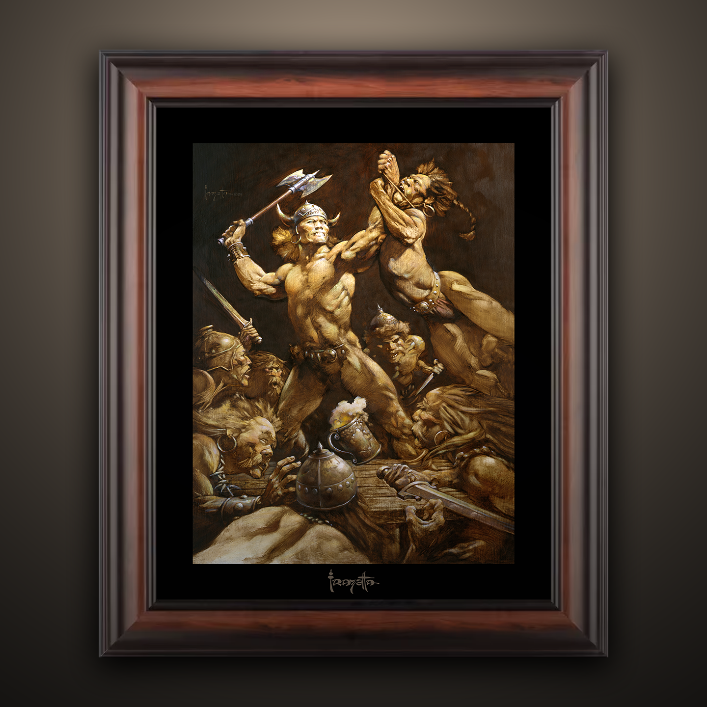 Framed Gallery Series print of &quot;The Disagreement&quot; by Frank Frazetta, showcasing intense drama with black 1.5&quot; matting.