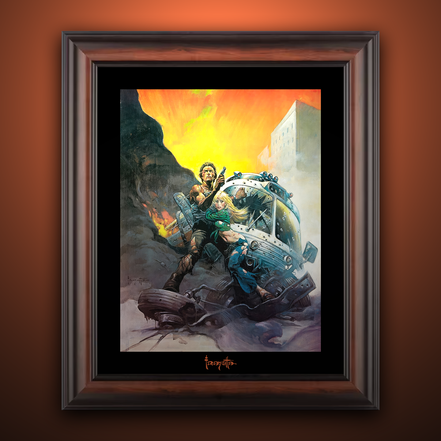 Framed Gallery Series print of &quot;The Gauntlet&quot; by Frank Frazetta, highlighting action-packed scenes with black 1.5&quot; matting.