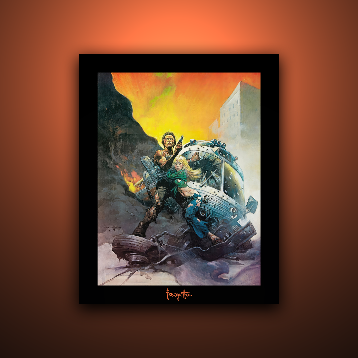 Gallery Series print of &quot;The Gauntlet&quot; by Frank Frazetta, unframed, emphasizing action and dynamic composition.