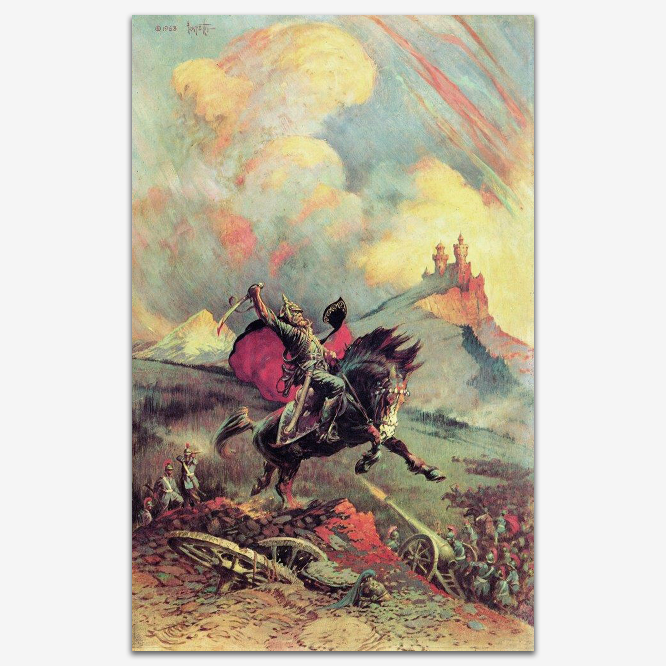 Vintage print of The Mad King by Frank Frazetta, featuring the king on horseback with a fiery, tempestuous sky overhead.