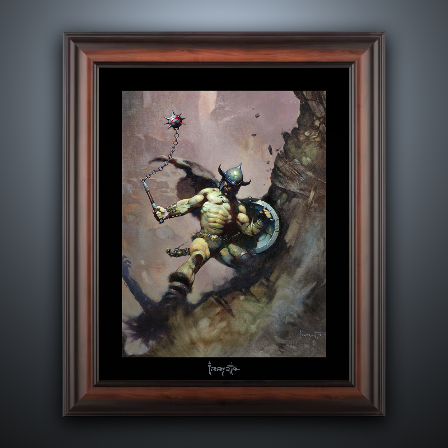 Framed Gallery Series print of &quot;Warrior Ball and Chain&quot; by Frank Frazetta, emphasizing powerful motion with black 1.5&quot; matting.