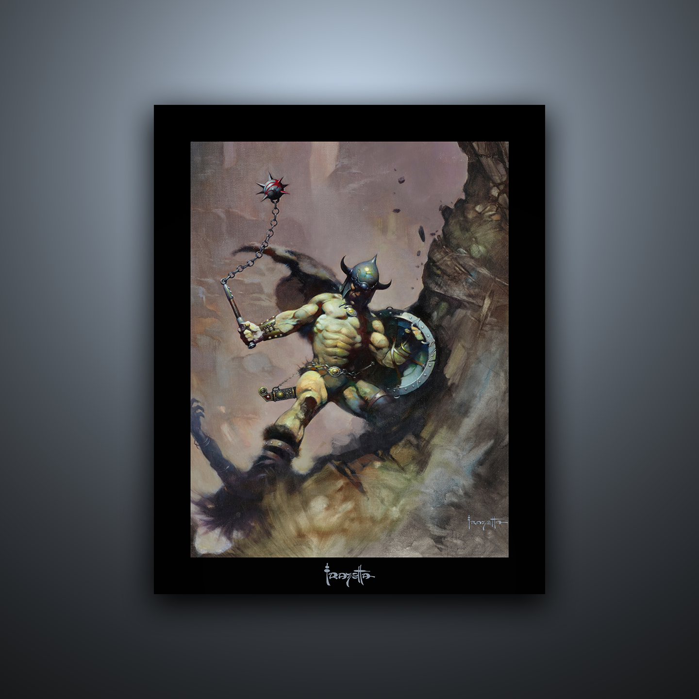 Gallery Series print of &quot;Warrior Ball and Chain&quot; by Frank Frazetta, unframed, depicting intense action and drama.