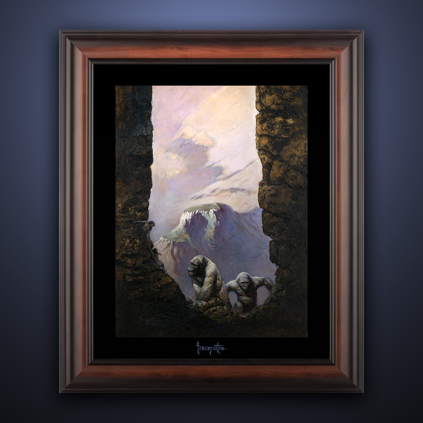 Framed Gallery Series print of &quot;White Apes&quot; by Frank Frazetta, featuring bold creatures and dynamic action with black 1.5&quot; matting.