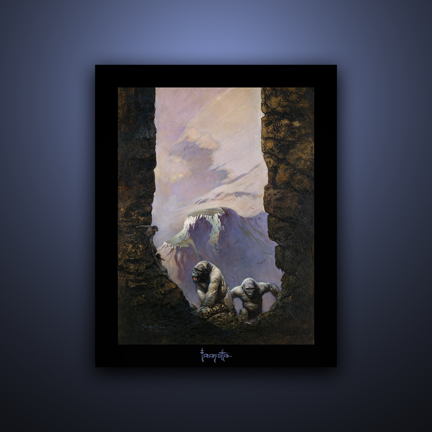 Gallery Series print of &quot;White Apes&quot; by Frank Frazetta, unframed, showcasing otherworldly creatures and dynamic action.