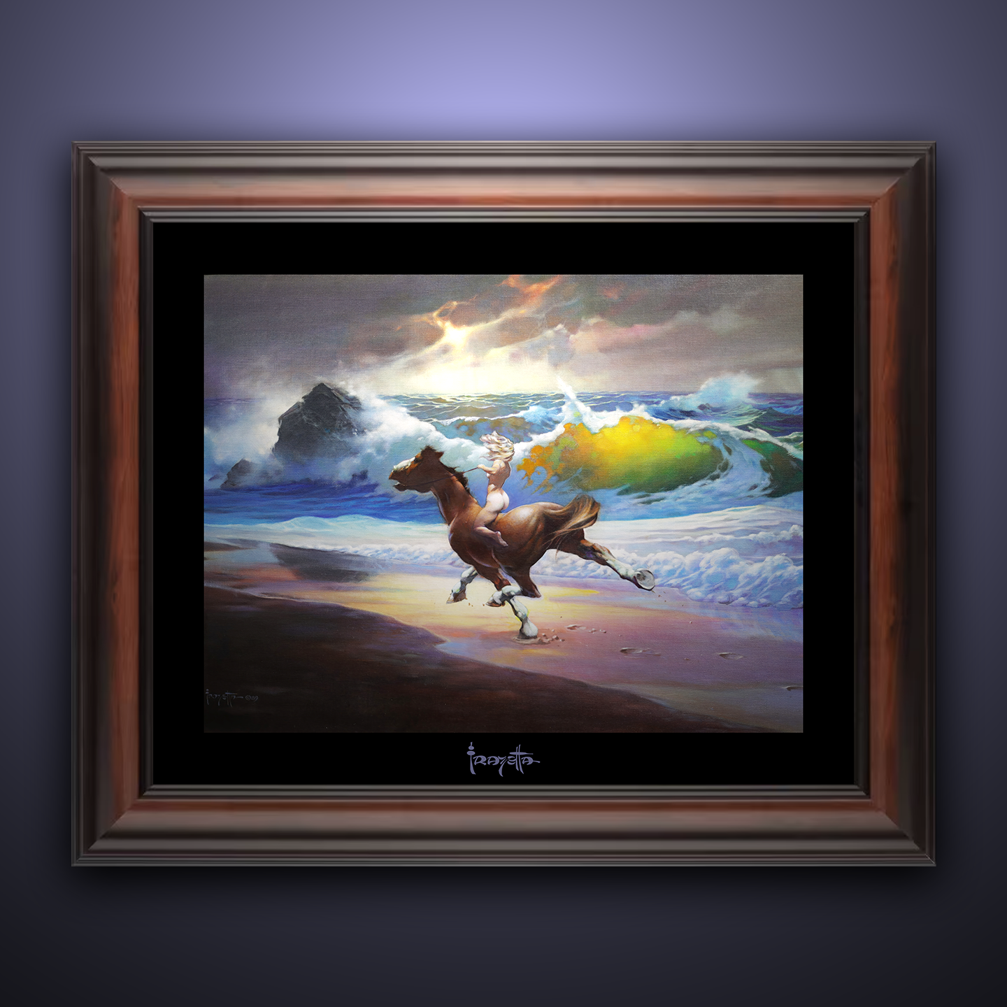 Framed Gallery Series print of &quot;Wild Ride&quot; by Frank Frazetta, capturing thrilling action with black 1.5&quot; matting.