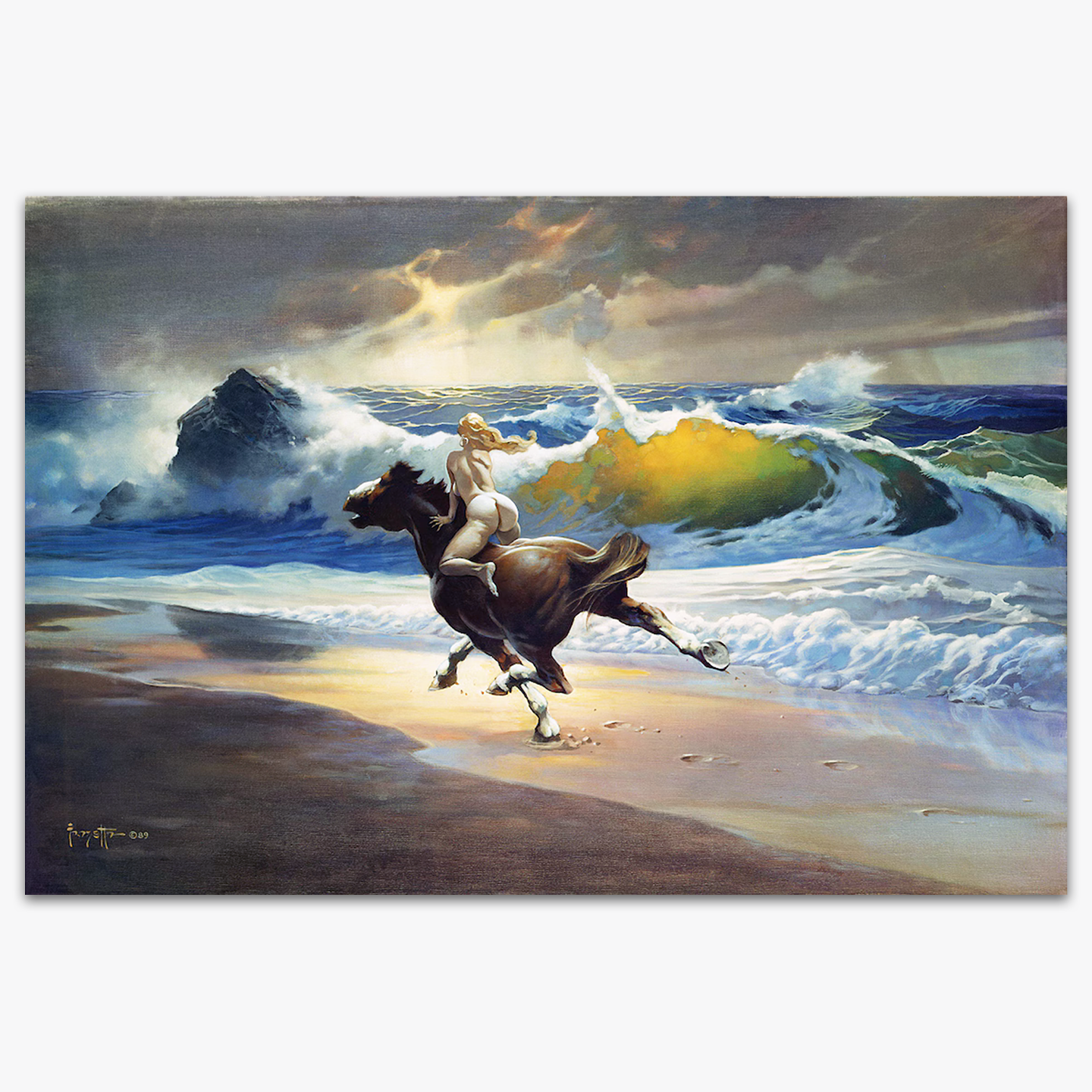 Vintage print of &quot;Wild Ride&quot; by Frank Frazetta, featuring a dynamic scene of a lone woman on horseback galloping through crashing ocean waves, exuding energy and movement, printed on high-quality linen paper.