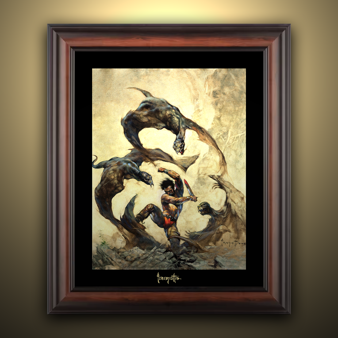 Framed Gallery Series print of &quot;Winged Terror&quot; by Frank Frazetta, highlighting fantasy creatures with black 1.5&quot; matting.