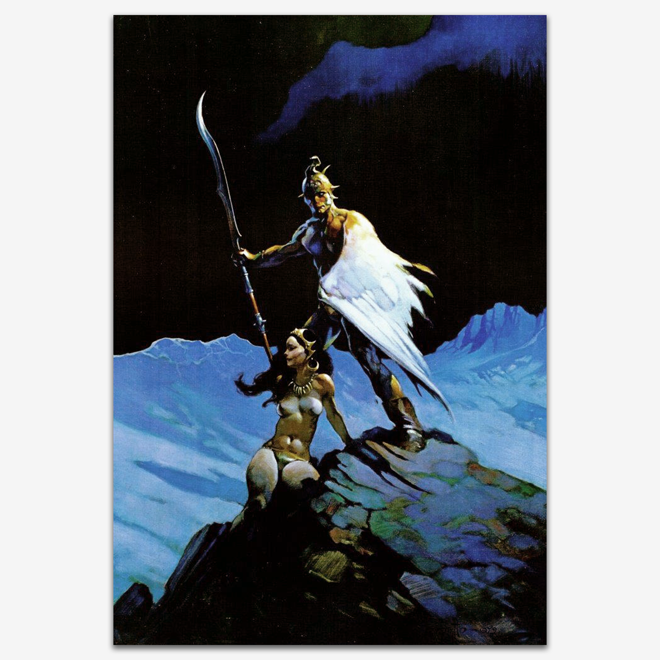 Vintage print of Witherwing by Frank Frazetta, showing a dramatic scene of a winged man guarding a lone woman.