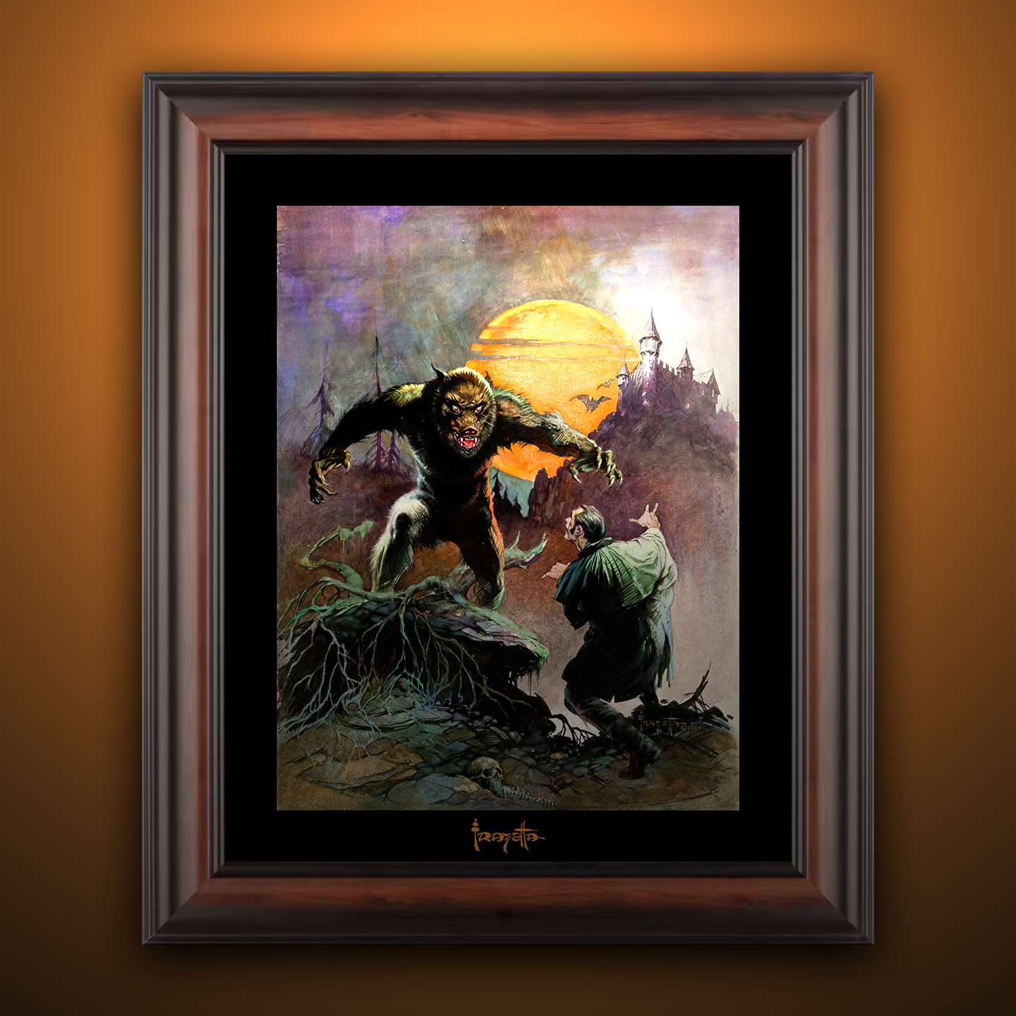 Framed Gallery Series print of &quot;Wolfman&quot; by Frank Frazetta, capturing a dramatic and mystical scene with black 1.5&quot; matting.