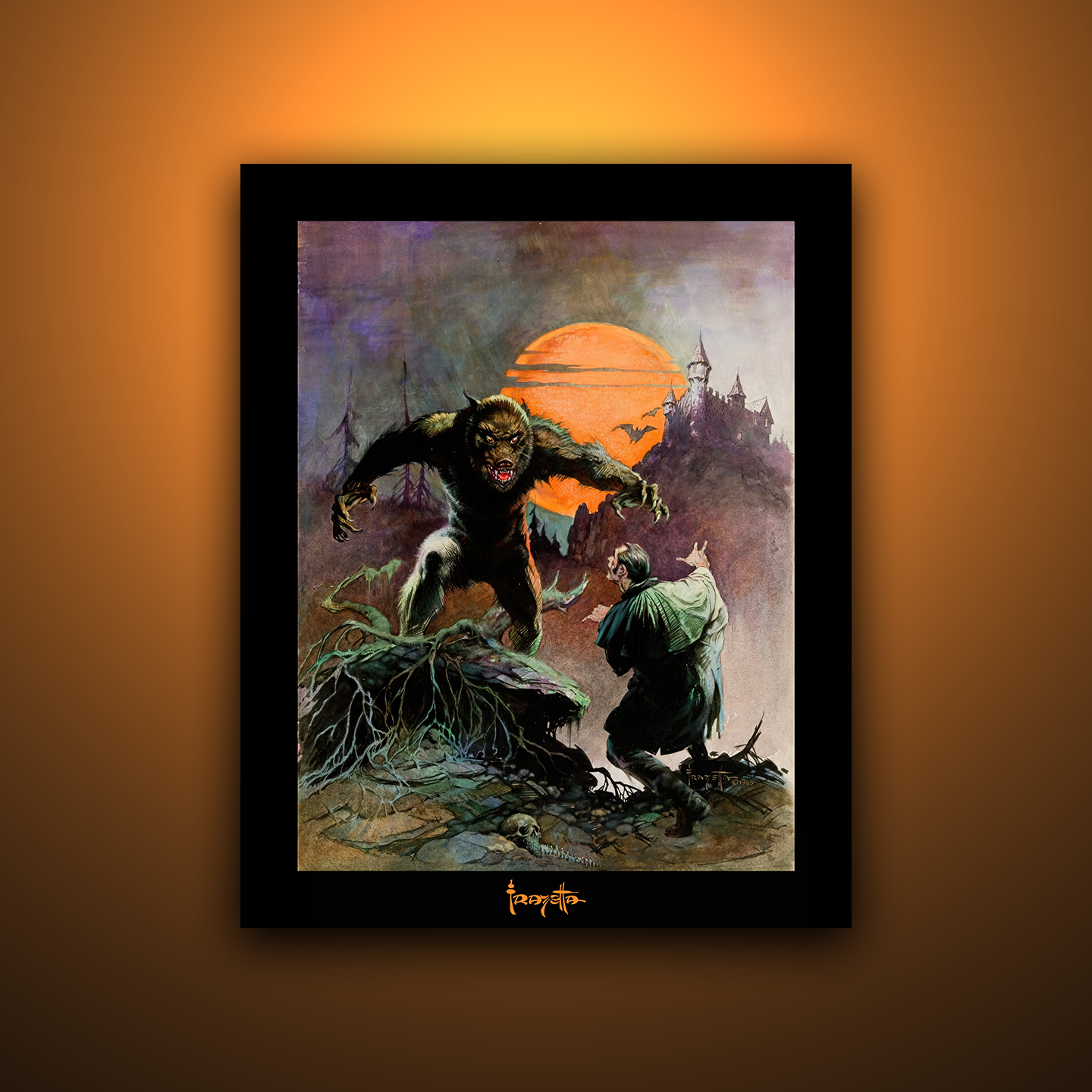 Gallery Series print of &quot;Wolfman&quot; by Frank Frazetta, unframed, showcasing eerie fantasy imagery and a powerful creature.