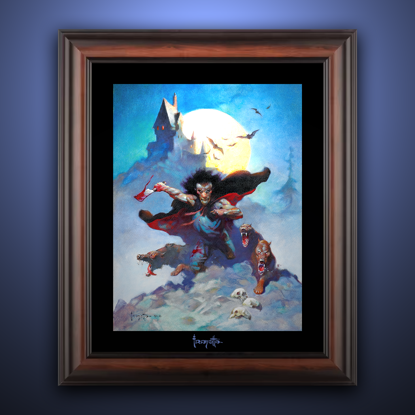 Framed Gallery Series print of &quot;Wolves Night&quot; by Frank Frazetta, emphasizing dark fantasy with black 1.5&quot; matting.