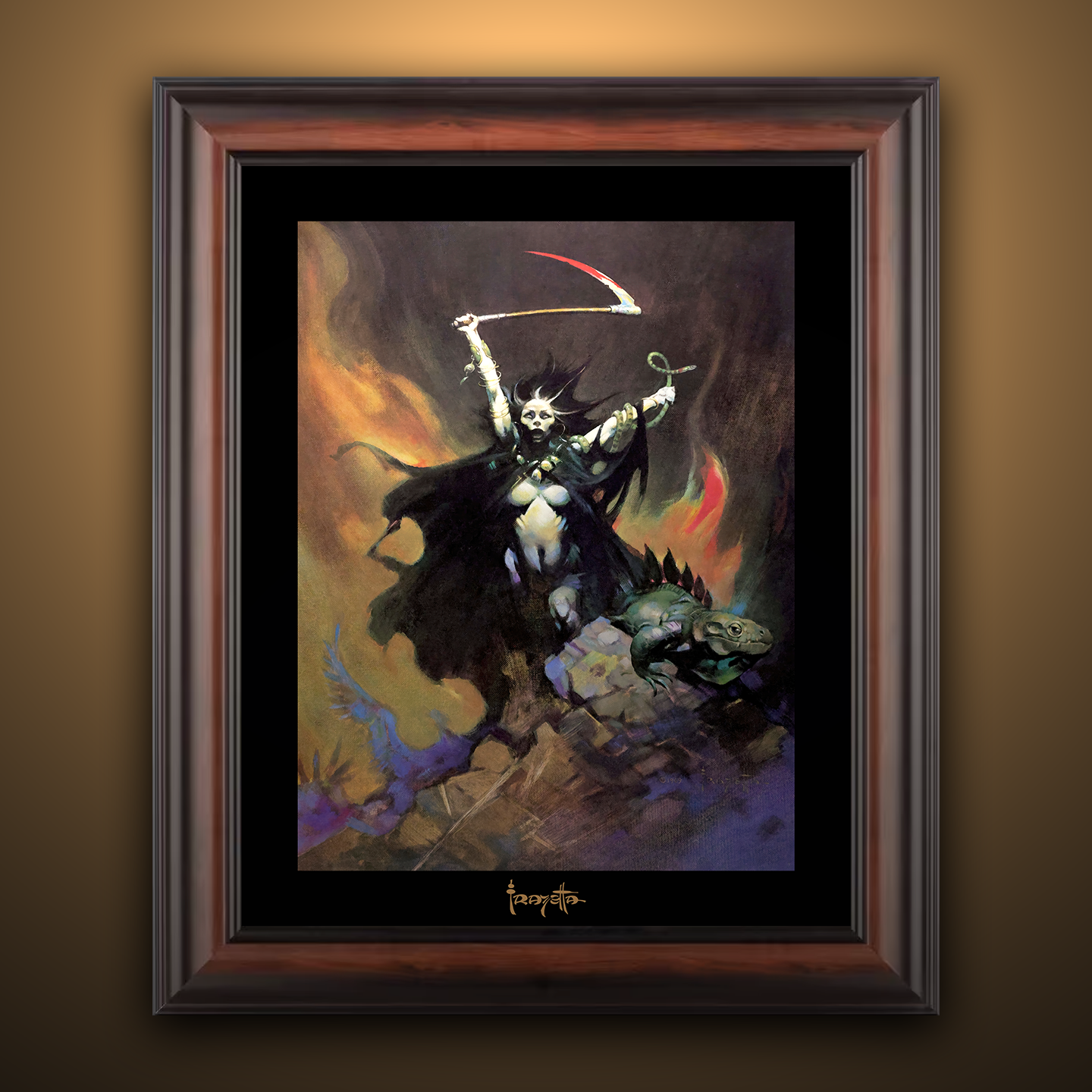 Framed Gallery Series print of &quot;Woman with Scythe&quot; by Frank Frazetta, highlighting dramatic figure and action with black 1.5&quot; matting.