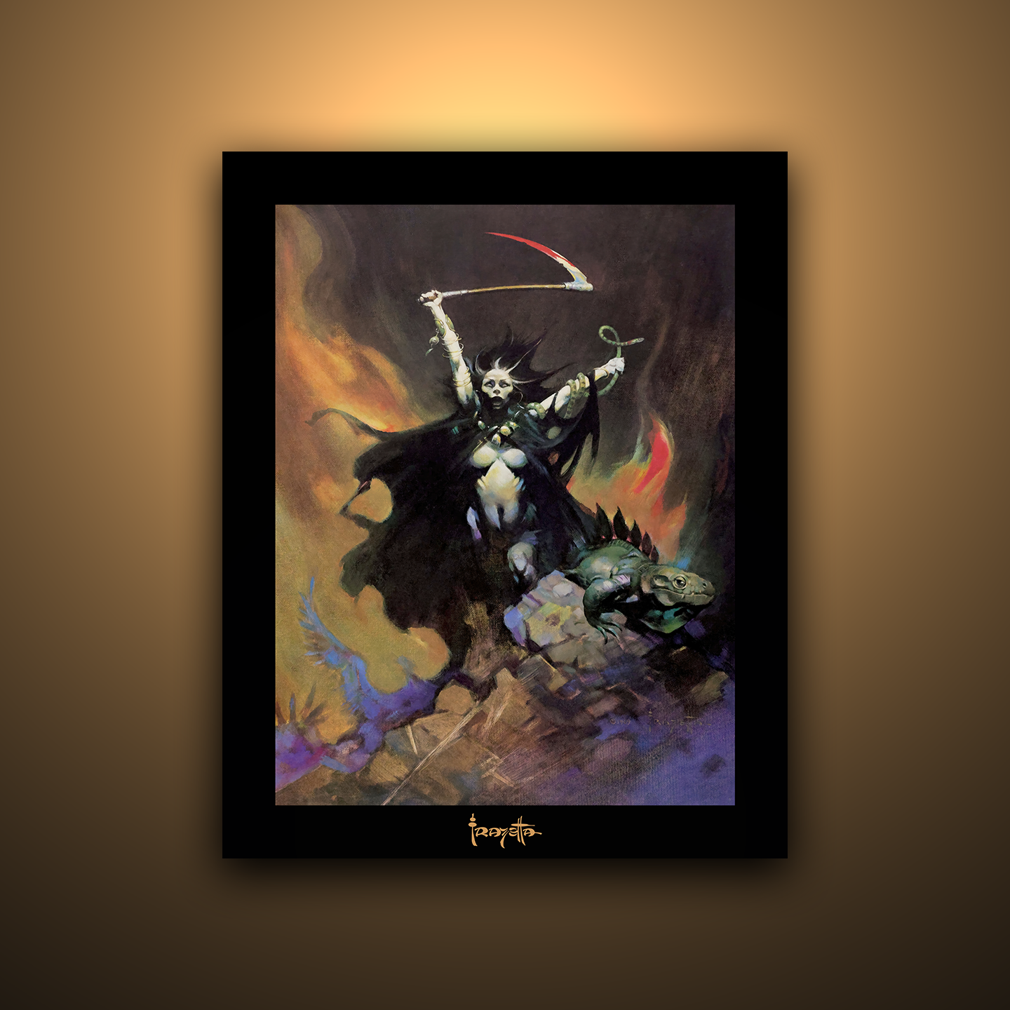 Gallery Series print of &quot;Woman with Scythe&quot; by Frank Frazetta, unframed, depicting a powerful, dramatic figure in motion.